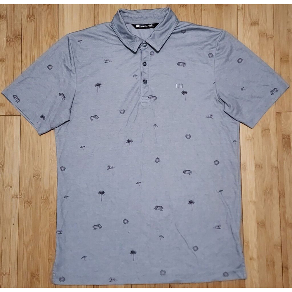 Travis Mathew Polo Shirt Mens Small Gray Bus Wave Palm Golf Tennis Nature Sports